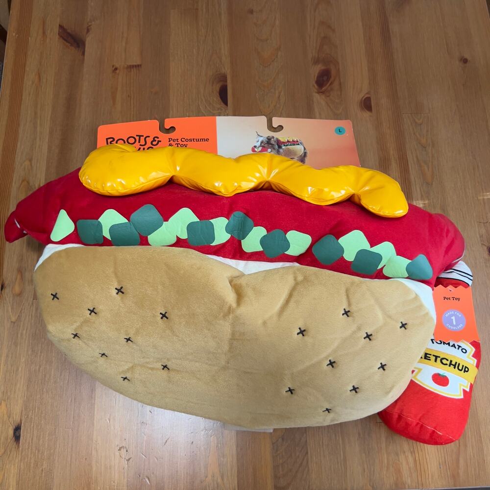 Hot Dog Halloween Dog Costume with Ketchup Toy Size L Boots & Barkley - New!